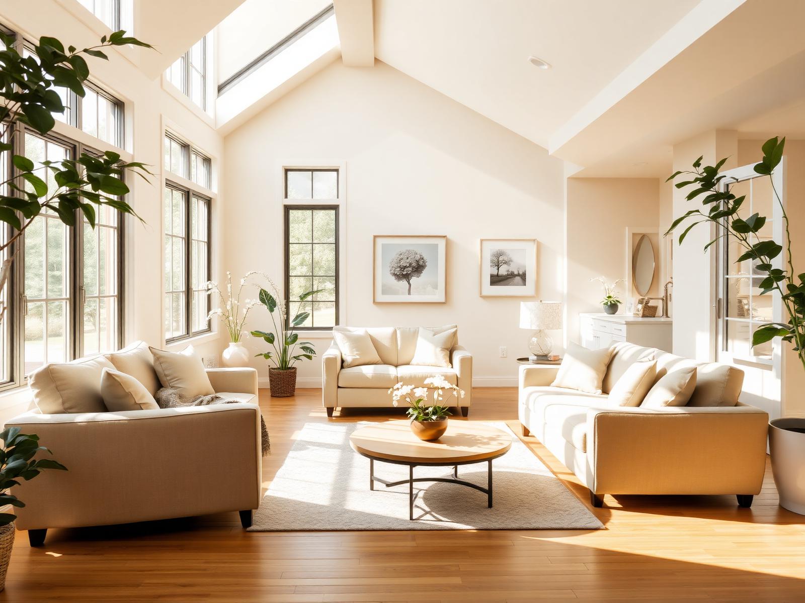 A bright airy sunlit living room with cream sofas and soft sage accents