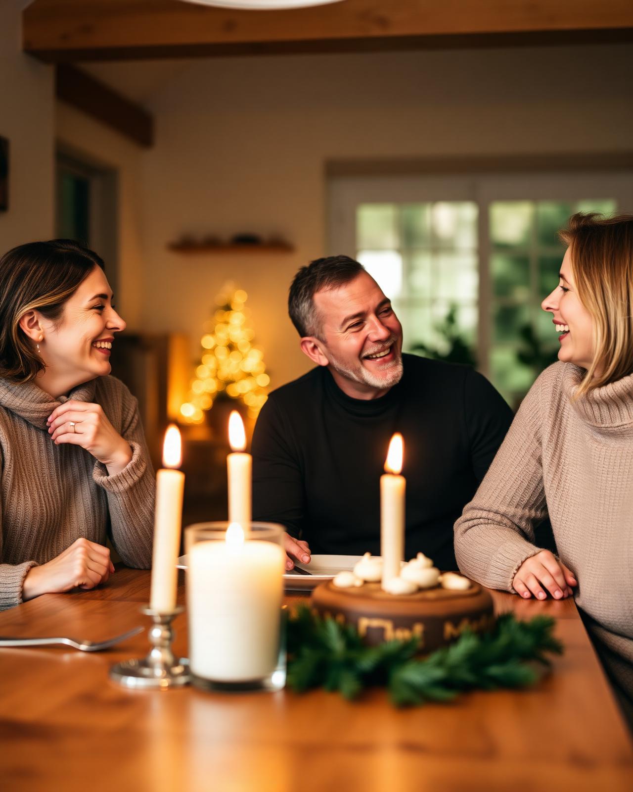 Three family members laughing together around a candlelit table