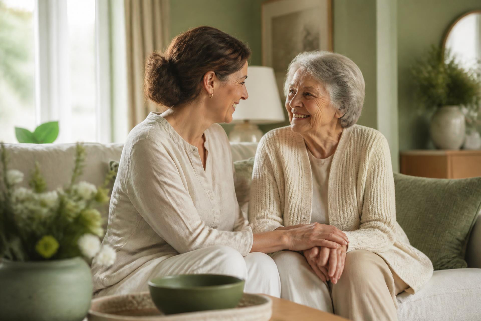 A caregiver and an elderly woman sharing a warm conversation in a sunlit residential living room