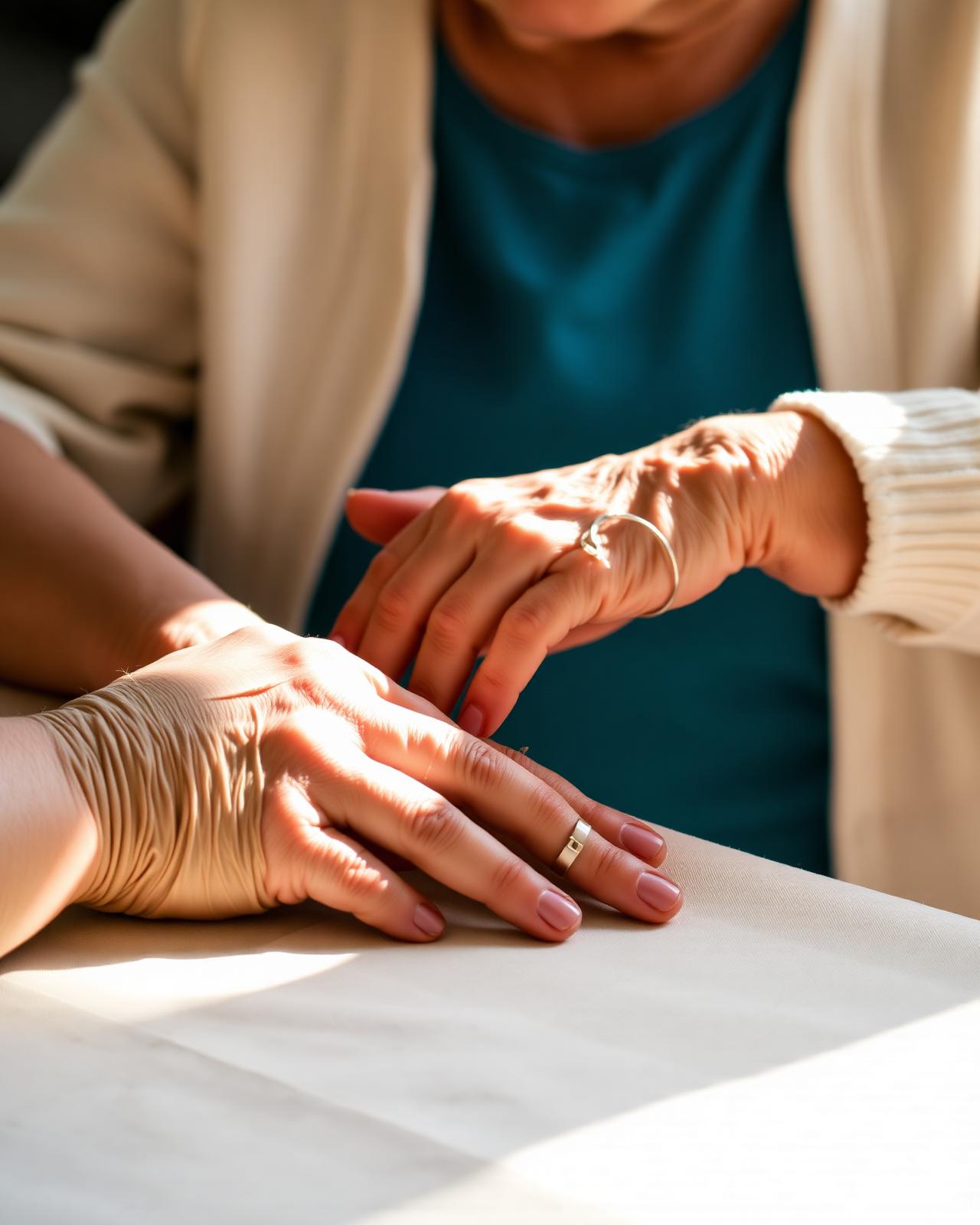 An elderly woman's hand resting gently with a caregiver's in soft sunlight