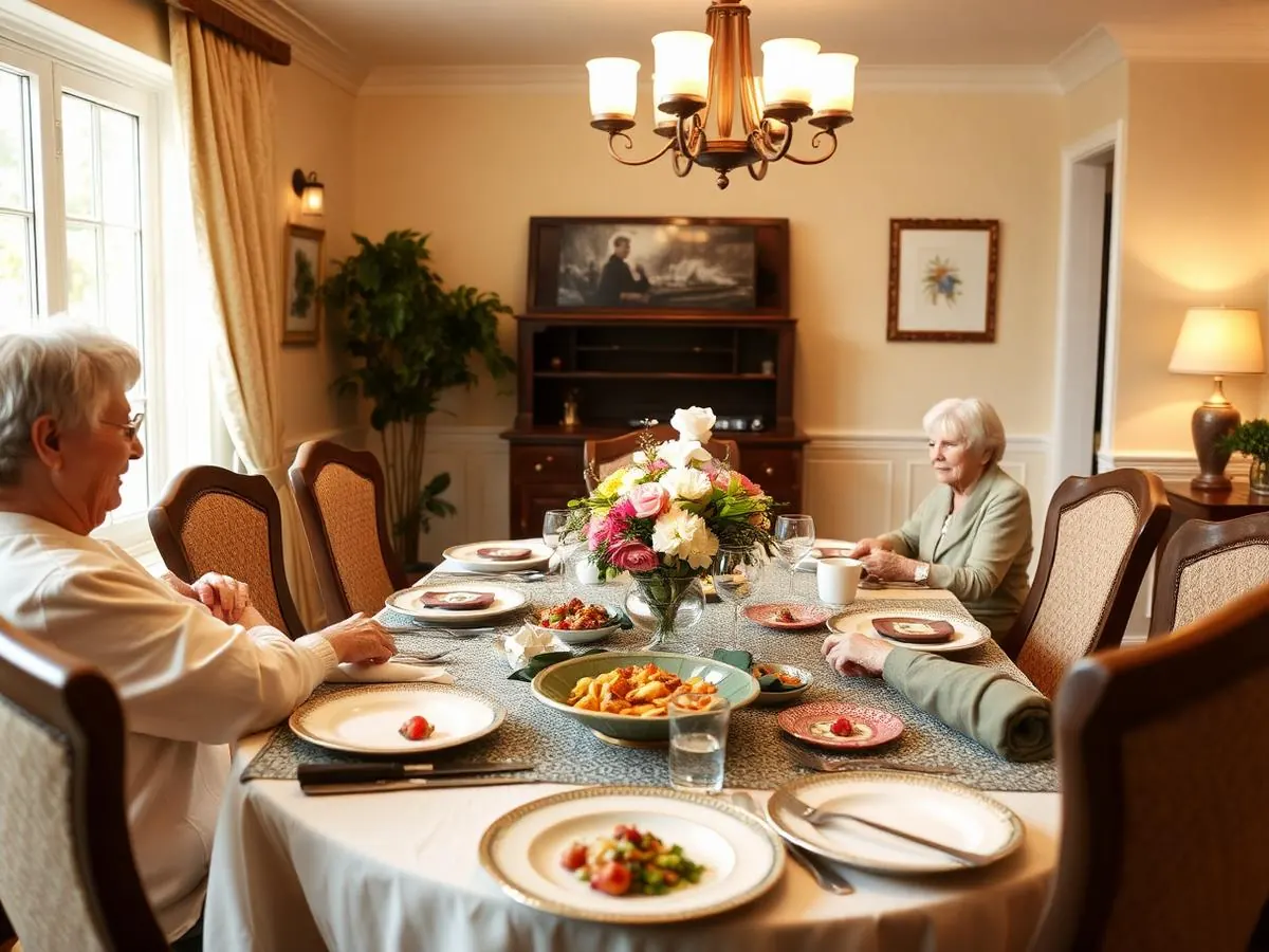 The shared dining room set for a meal