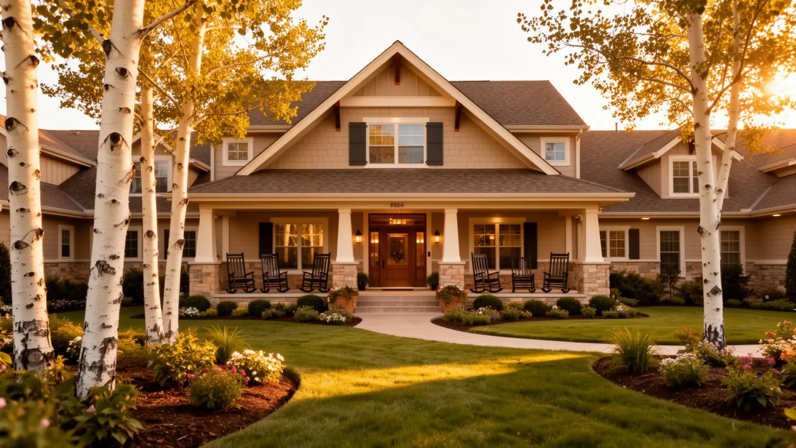 The warm, residential exterior of Aspen Senior Care Homes in South Tulsa